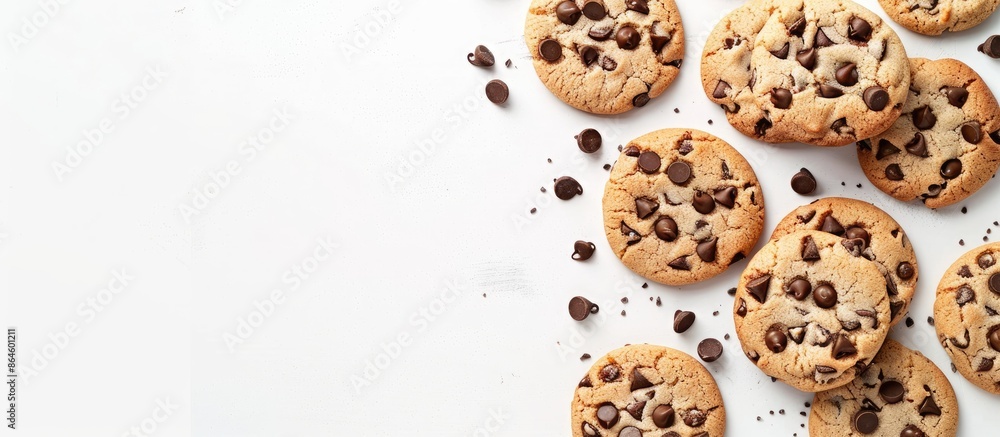 Aufkleber top view of delicious chocolate chip cookies on a white backdrop with copy space image.