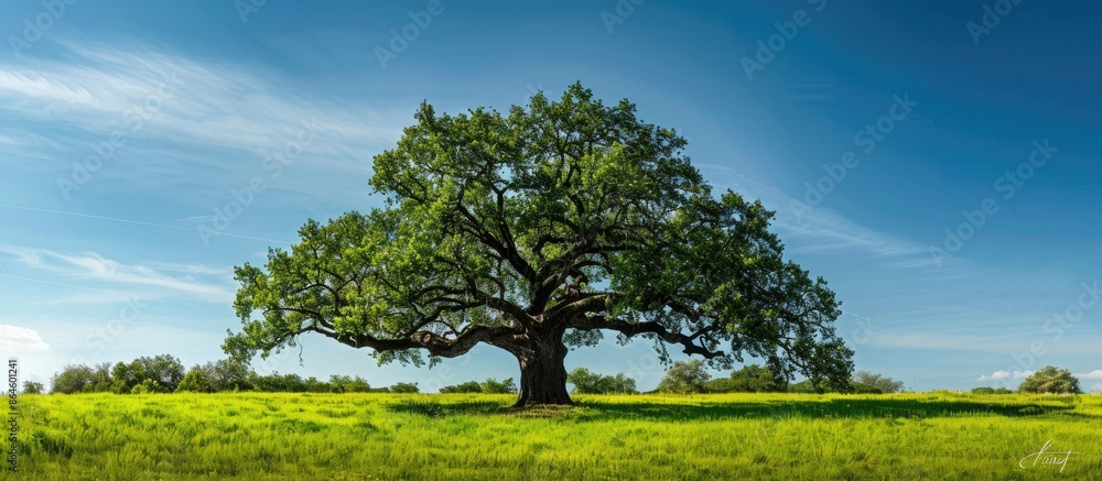 Aufkleber a single large oak tree set against a backdrop of blue sky and lush green grass on a sunny day, crea
