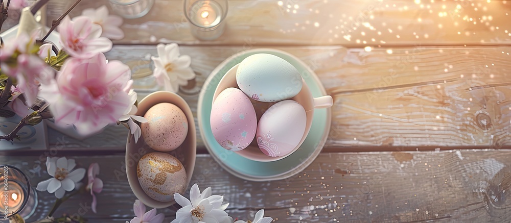 Aufkleber easter table setup featuring pastel eggs in egg cups on a table top, adorned with a happy easter car