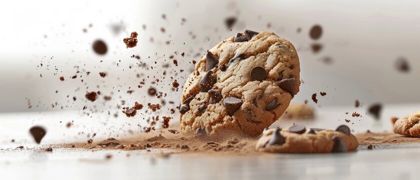 Chocolate chip cookie, rising, bullet shot, solid white background