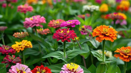 A garden full of blooming zinnias in various colors