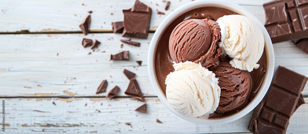 Poster top-down view of ice cream with chocolate on a white wooden surface, providing ample room around for