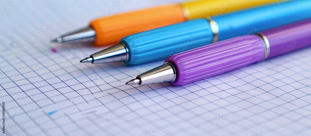 Poster three colorful pens placed on paper against a backdrop featuring a study environment with copy space