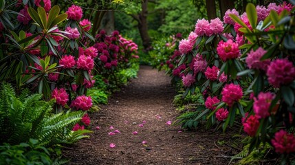 A garden path lined with blooming rhododendrons