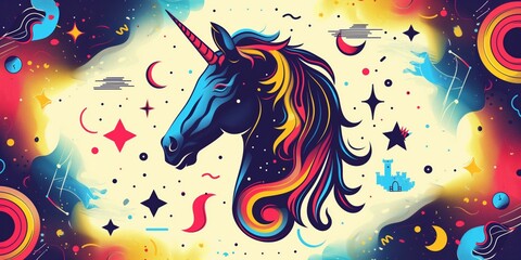 Obraz premium A vibrant and whimsical illustration featuring a majestic unicorn with a colorful mane, set against a background filled with stars, moons, and other celestial elements.