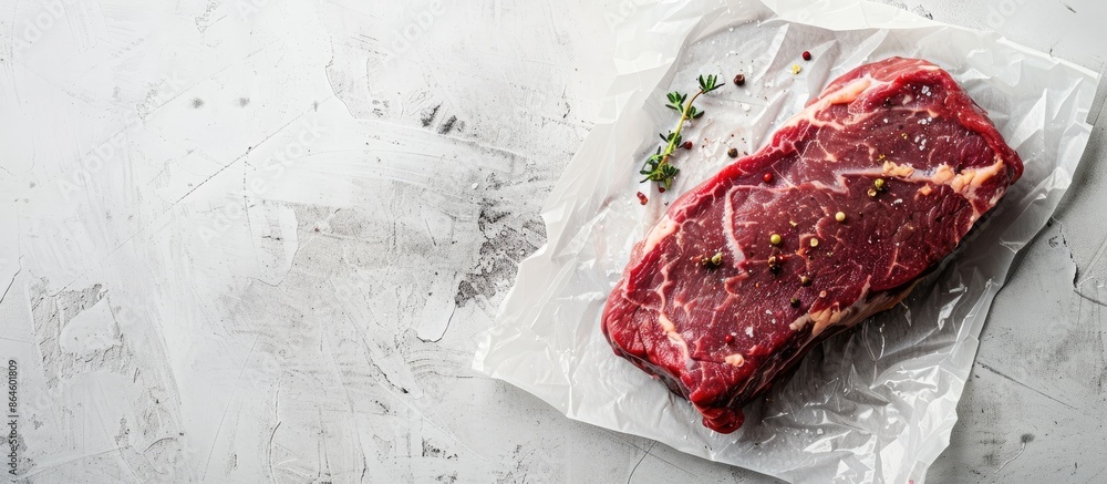 Poster Vacuum-packed organic picanha steak arranged on a white concrete backdrop with a side view, offering copy space for image.