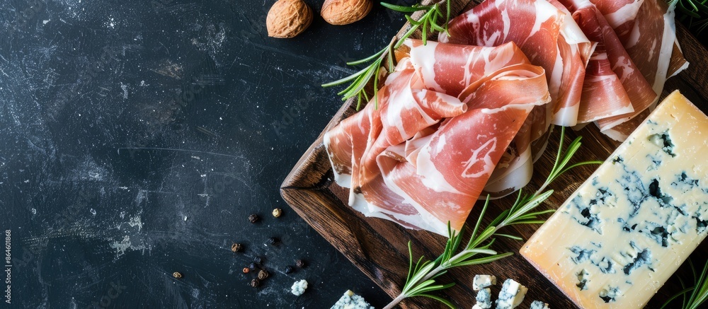 Canvas Prints Copy space image of Prosciutto or Spanish jamon paired with blue cheese and rosemary, representing traditional Mediterranean snacks.