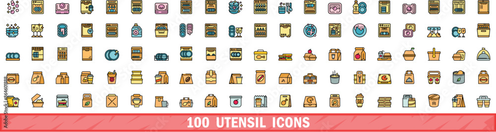 Poster 100 utensil icons set. color line set of utensil vector icons thin line color flat on white