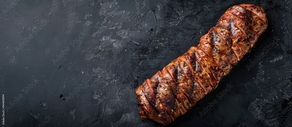 Poster top view image of an entire roasted pork tenderloin for barbecue on a black background with space fo