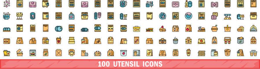 100 utensil icons set. Color line set of utensil vector icons thin line color flat on white