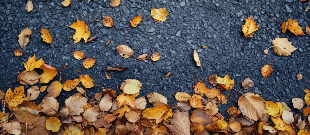 Poster use yellow and brown leaves on asphalt as a frame for text with copy space image.