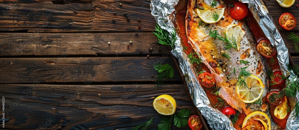 Poster a delicious red trout dish baked in foil, presented from above with space for text in the image. cop