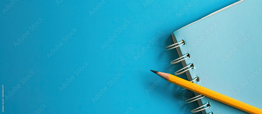 Poster a notepad with a pencil on a blue backdrop, creating a charming composition with copy space image.