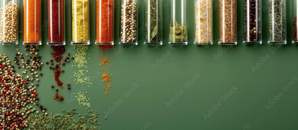 Poster test tubes filled with assorted spices on a green backdrop arranged overhead, leaving room for text 