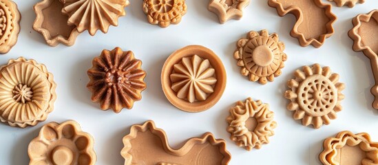 Different shaped baking molds on white background with copy space image.