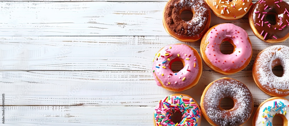 Wall mural Donuts displayed on a white wooden surface with a clear area for additional images (copy space image).