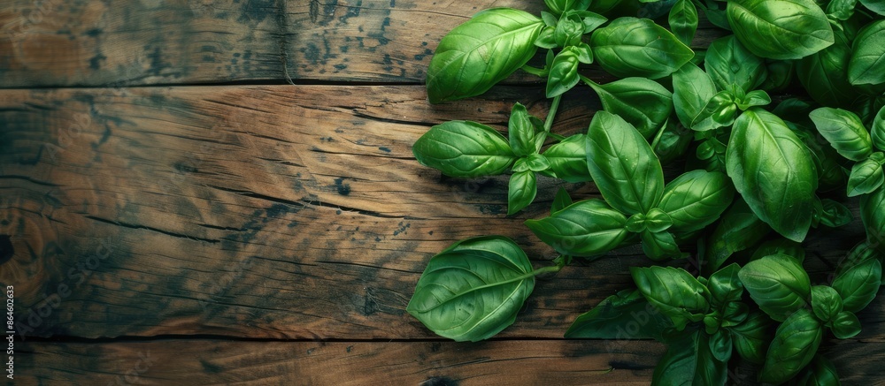 Poster a fragrant basil plant with lush green leaves displayed on a wooden surface. sharp focus on the leav