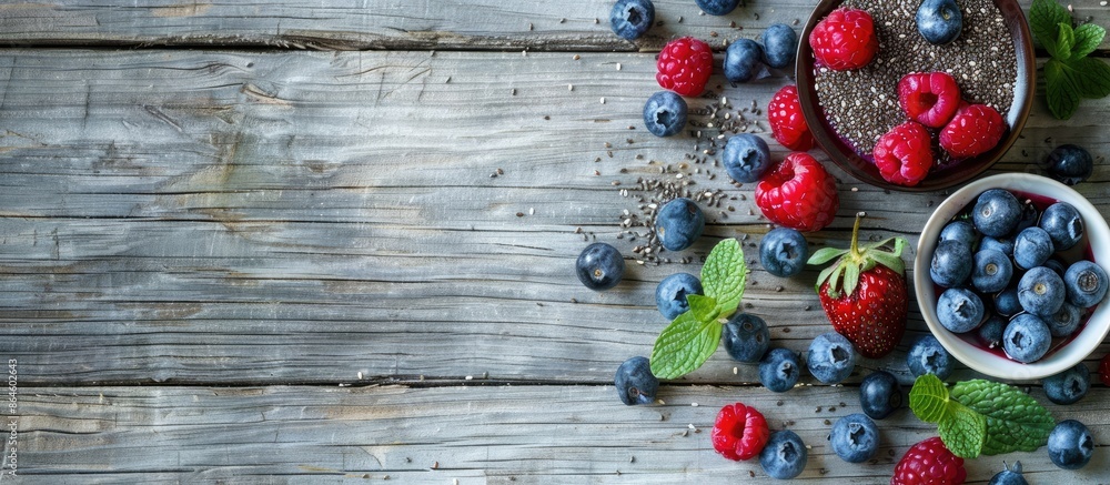 Poster chia seeds vanilla pudding and berries displayed on a natural wooden backdrop with space for text or