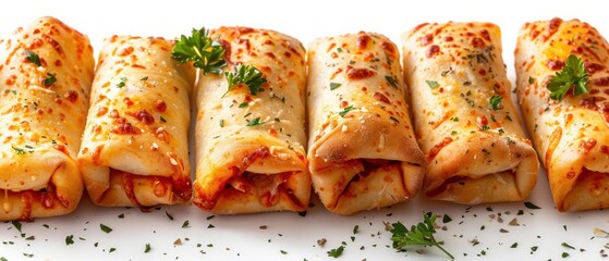 Pizza rolls, rising, bullet shot, solid white background