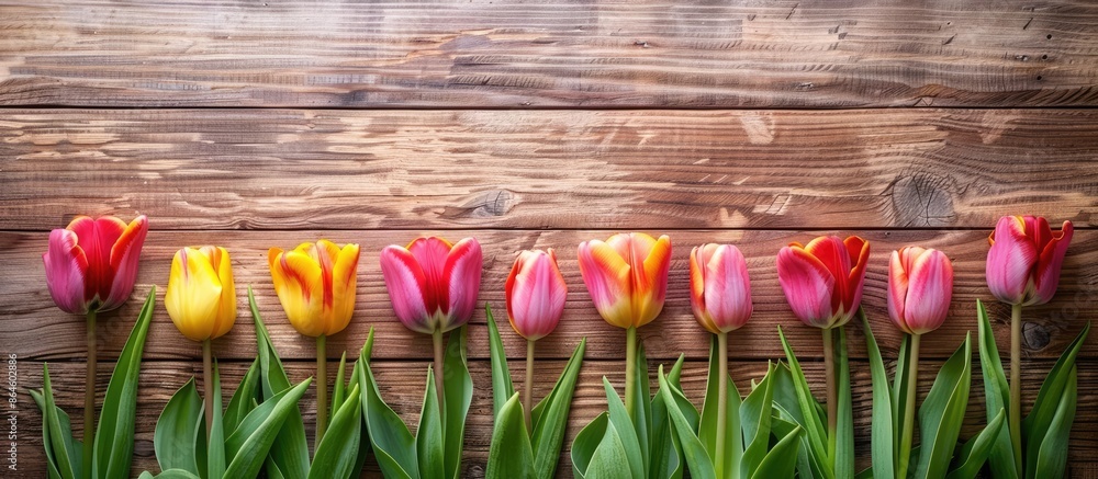 Poster top view of colorful tulips against a rustic wooden backdrop, with a copious amount of space for tex