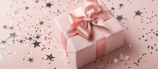 A pink gift box tied with a ribbon sits on a white backdrop adorned with sparkling silver confetti stars, matching the holiday theme, providing room for text or other elements. Copy space image