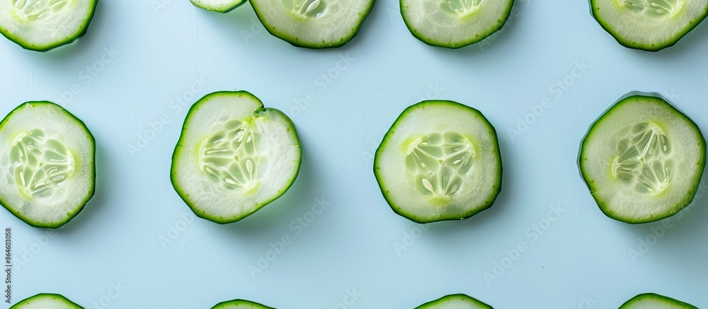 Poster crisp cucumber slices arranged on a light blue backdrop with copy space image.