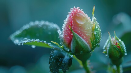 Fototapeta premium A macro shot of a dew-covered rosebud