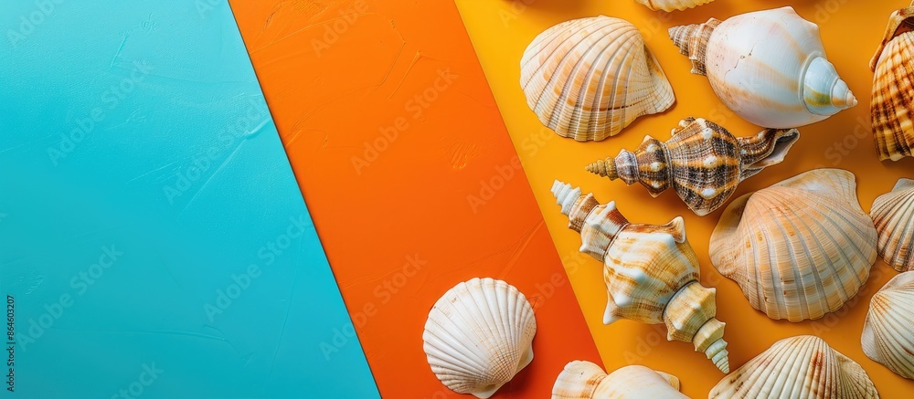 Poster a mockup with a colorful background features beach seashells and ample copy space image.