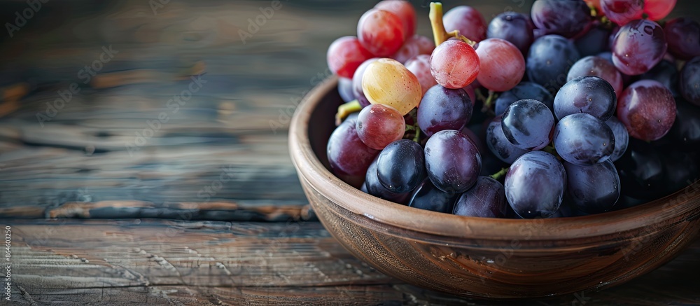 Canvas Prints Selective focus on a variety of red, white, and black grapes in a bowl on a dark wooden table with a copy space image.