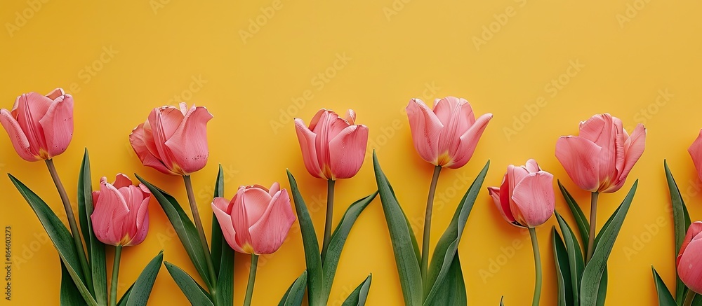 Poster pink tulips arranged artistically on a vibrant yellow backdrop create a charming greeting card with 