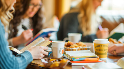 a detailed image of a small group of women studying the Bible together in a home, with coffee cups and snacks on the table, church, Studying, Group Of People, Community, Meeting, B