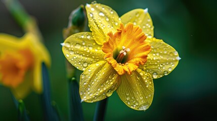 A macro shot of a yellow daffodil with water droplets