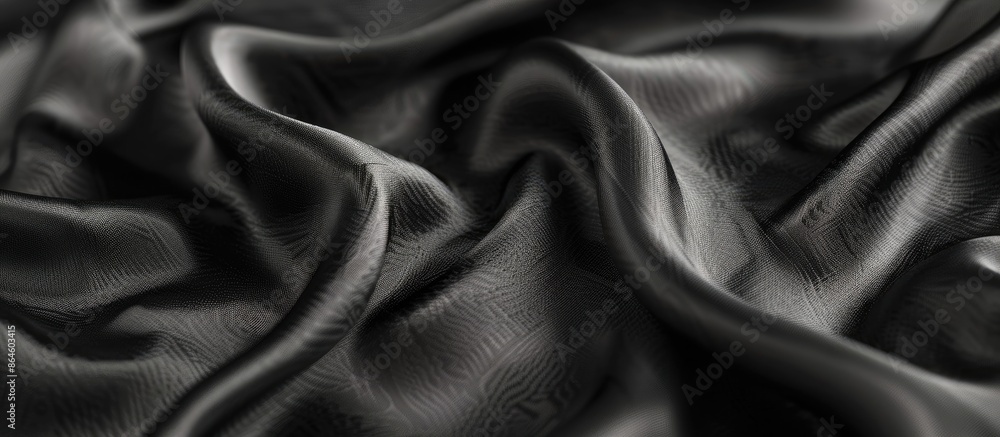 Poster detailed view of creases in a piece of black silk fabric, showcasing intricate texture and pattern w
