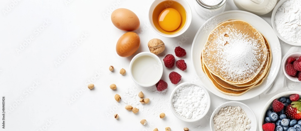 Aufkleber ingredients for making a pancake being cooked in a top view style on a white background with copy sp