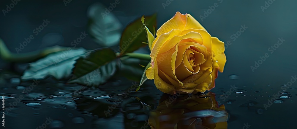 Poster a single yellow rose with a subtle presence on a dark, reflective surface, in a horizontal layout wi