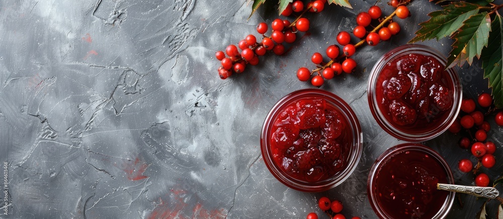 Poster flat lay arrangement featuring enticing rowan jam and berries on a gray table with copy space image 