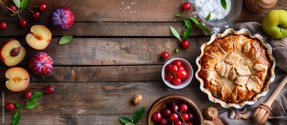 Poster preparing a plum pie with ingredients displayed on a rustic wooden table with room for a copy space 