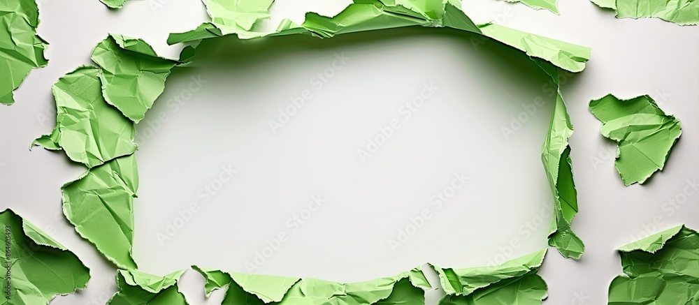 Poster green paper frame surrounding torn paper on a white background with a blank area for text. ideal for