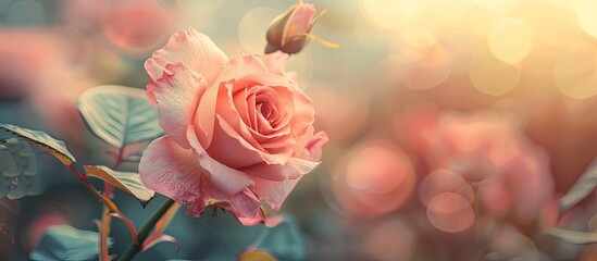 Soft focus on a rose with a blurred background, creating a serene and delicate copy space image.