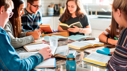 a  of friends gathered around a kitchen table with Bibles and notebooks, sharing insights, church, Studying, Group Of People, Community, Meeting, Bible, with copy spa