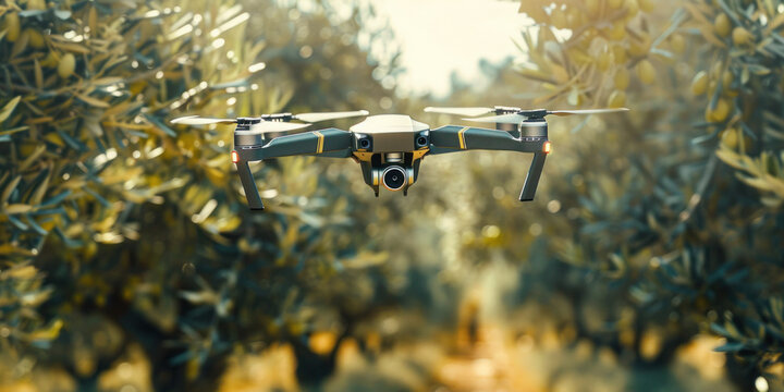 Drone checking and observing olive trees, Smart technologies in agriculture 