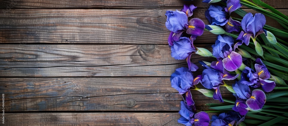 Poster top view of purple iris flowers arranged on a wooden surface with a clear area suitable for adding t