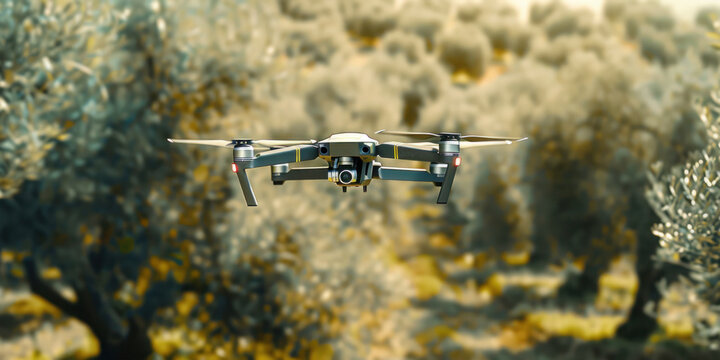 Drone checking and observing olive trees, Smart technologies in agriculture 