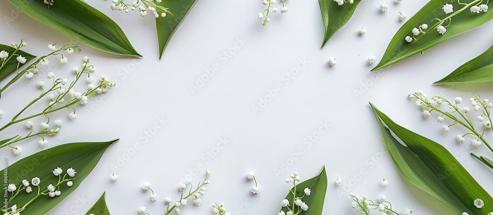 Poster top view of isolated lilies of the valley on a white background with copy space image.