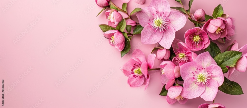 Aufkleber stunning hellebore flowers arranged elegantly in a flat lay style over a pink background, creating a