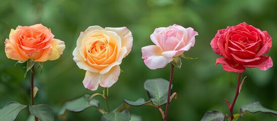 Obraz premium French hybrid tea rose, Rose Mme Mailland, and Rose Peace arranged on a green background on a summer day, creating an ideal copy space image.