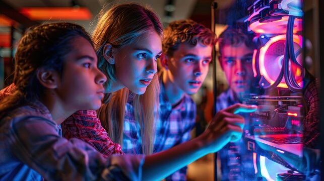 Group of diverse teenagers, two Caucasians and one Hispanic, looking excitedly at computer equipment in a tech store.