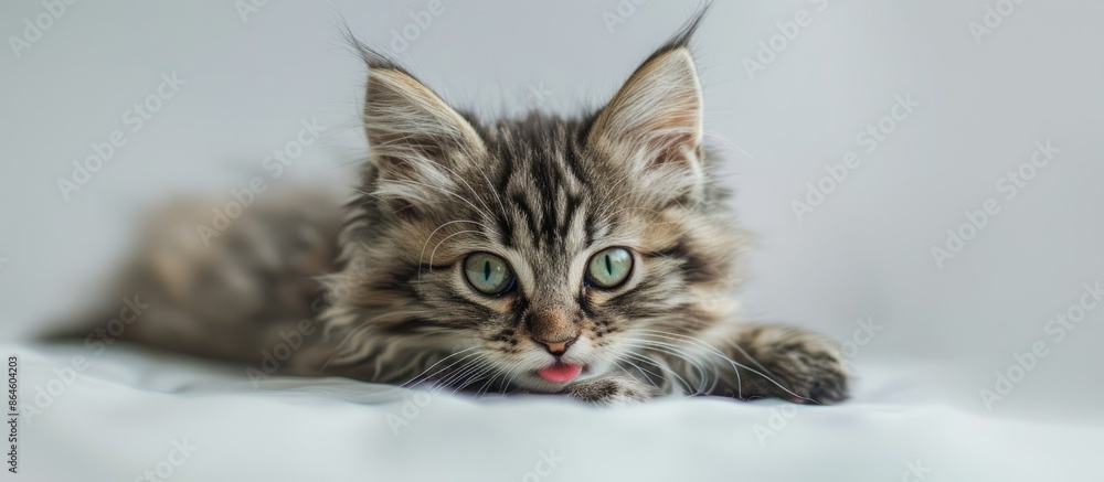 Aufkleber a cute, grey longhaired kitten with striking green eyes rests on a white surface. the fluffy cat lic
