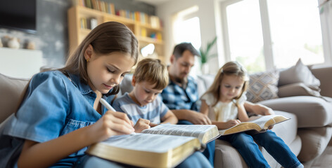a close-up image of a family studying the Bible together in their living room, with children and adults engaged, church, Studying, Group Of People, Community, Meeting, Bible, with