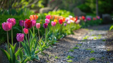 A row of tulips in a variety of colors along a garden path